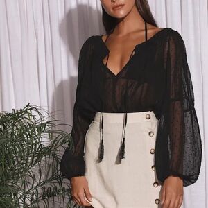 Lulu's Black Textured Lace Blouse